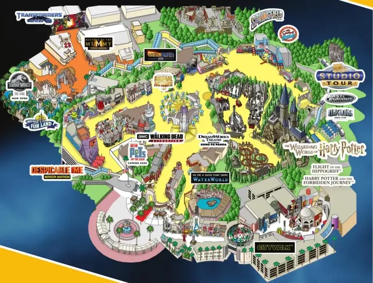 carte des attractions et des spectacles de Universal Studios Hollywood
