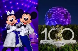 Mickey Mouse et Minnie Mouse vêtus de leurs plus beaux costumes en platine dans le pavillon Imagination