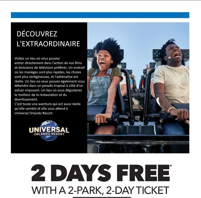 Promotion sur les billets d'entrée pour Universal Orlando: payez 2 jours et obtenez 2 jours de plus gratuitement